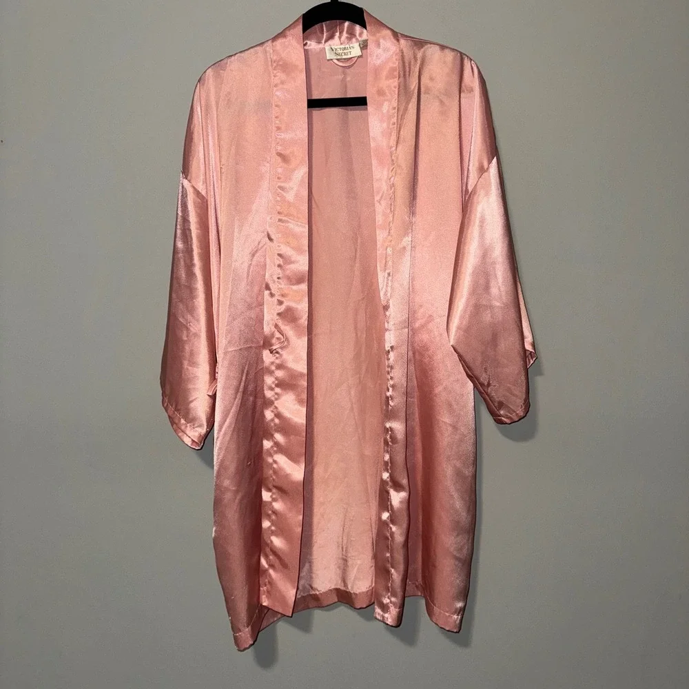 Vintage Victorias Secret Gold Label Satin Kimono‎ Robe Rose Pink 3/4 Sleeve OS